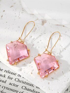 NEW 18K Gold Plated Pink Faceted Crystal Wire Drop Earrings
